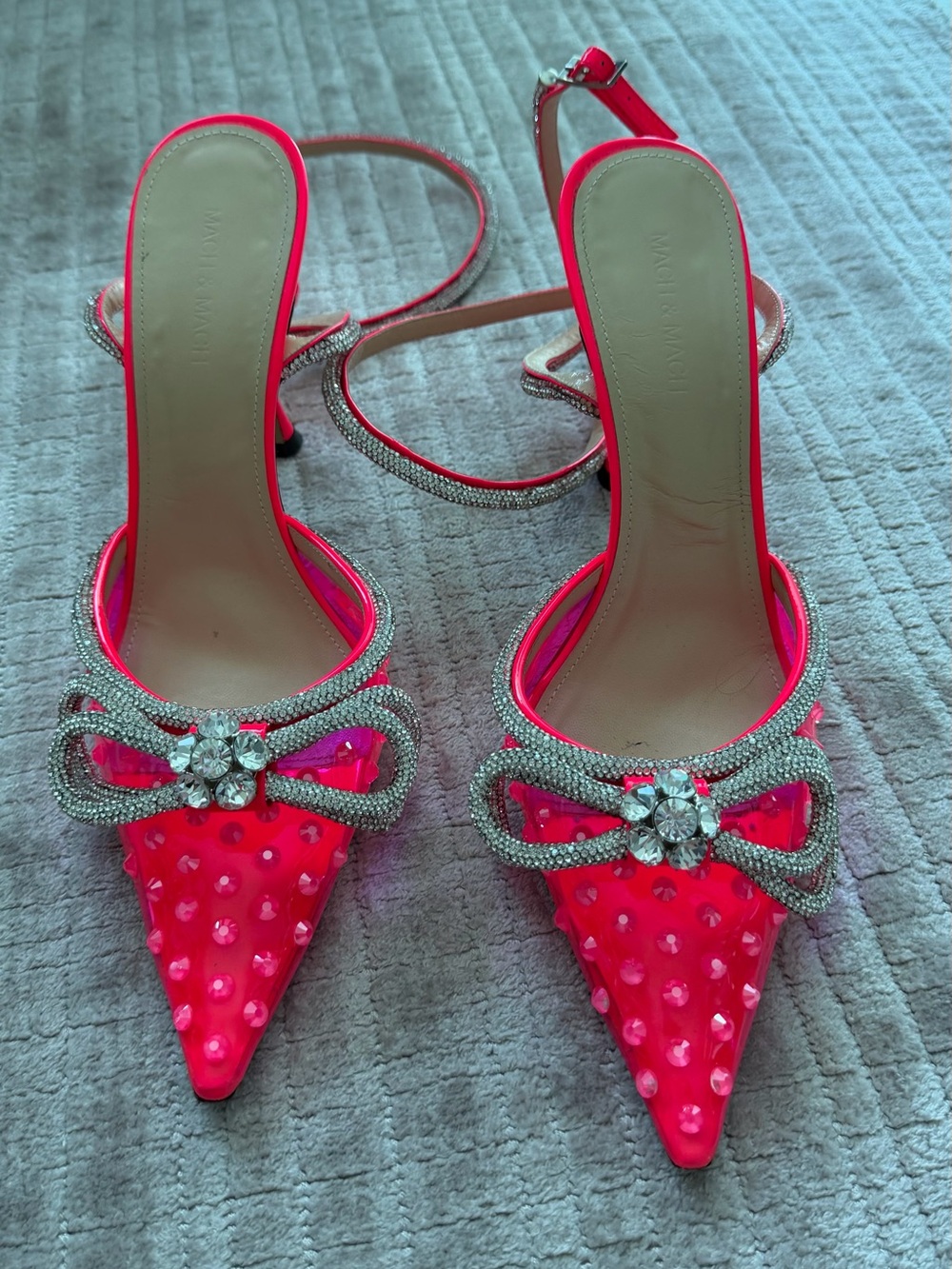 MACH & MACH Hot Pink Jeweled Pointed Toe Slingback Heels